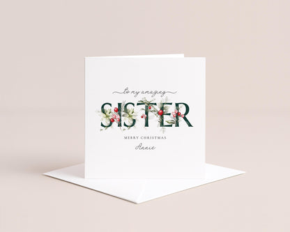 Sister Christmas Card, Floral Christmas Card for Sister, Elegant Xmas Card with Name, Personalised Holiday Greeting Card