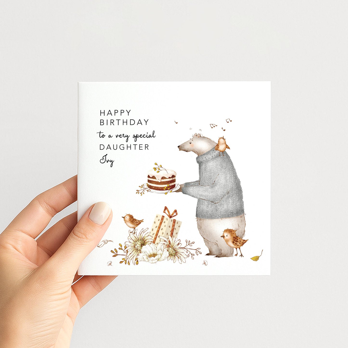 Daughter Birthday Card, Personalised Birthday Card for Daughter, Cute Bear & Birds Design, Custom Name Birthday Greeting