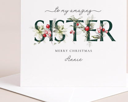 Sister Christmas Card, Floral Christmas Card for Sister, Elegant Xmas Card with Name, Personalised Holiday Greeting Card
