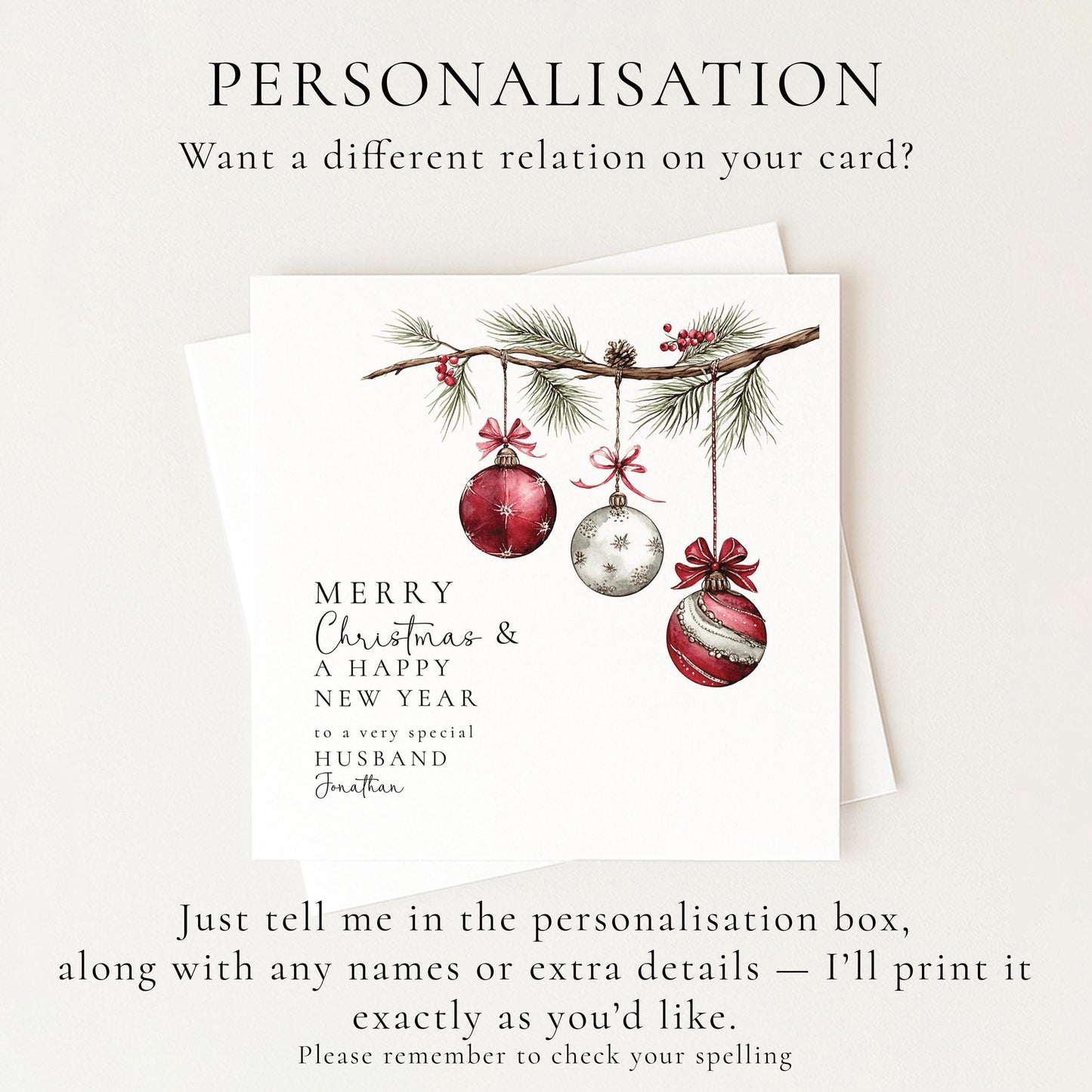 Christmas Husband Card, Personalised Merry Christmas Card for Husband, Custom Name Bauble Card, Festive Holiday Greeting for Him