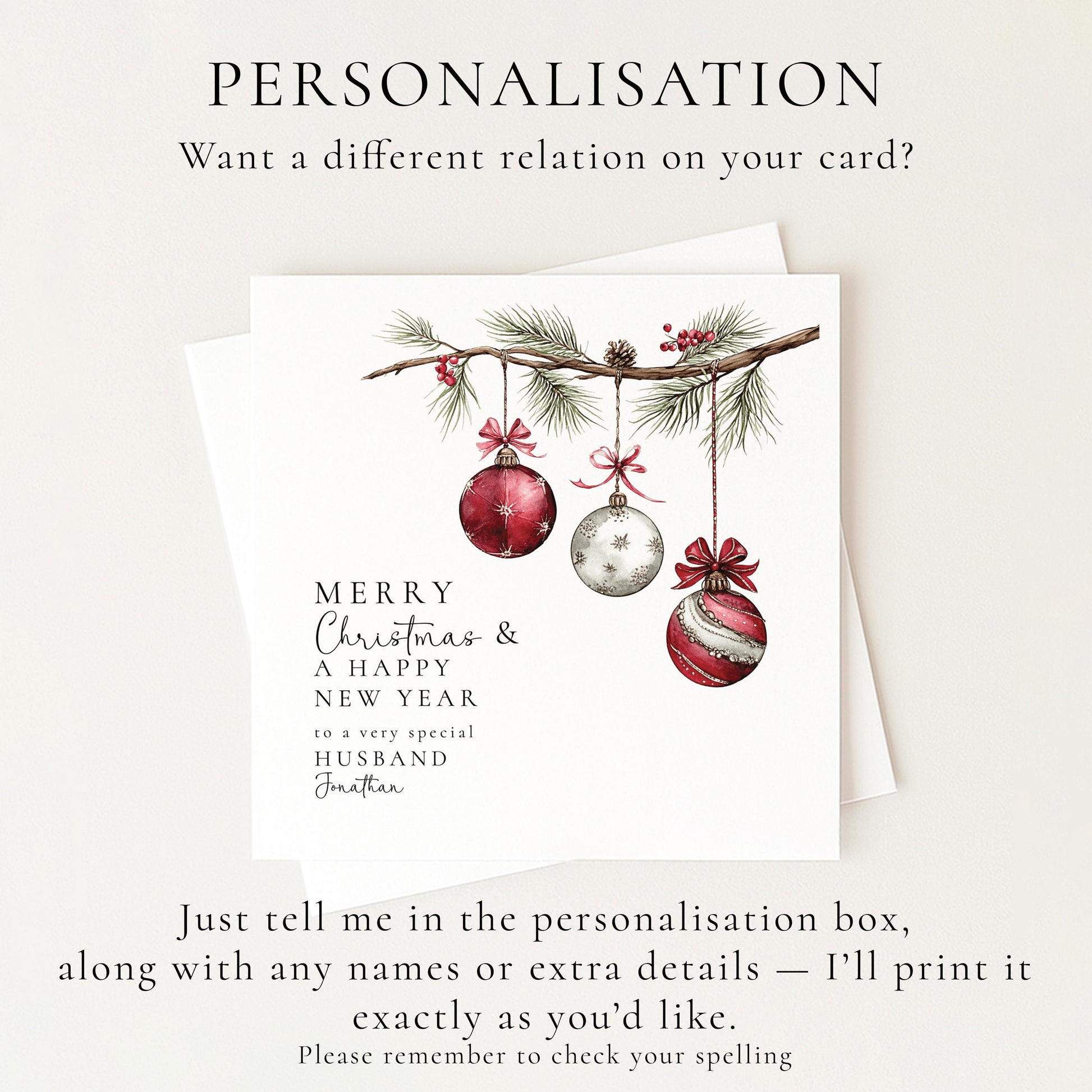 Christmas Husband Card, Personalised Merry Christmas Card for Husband, Custom Name Bauble Card, Festive Holiday Greeting for Him