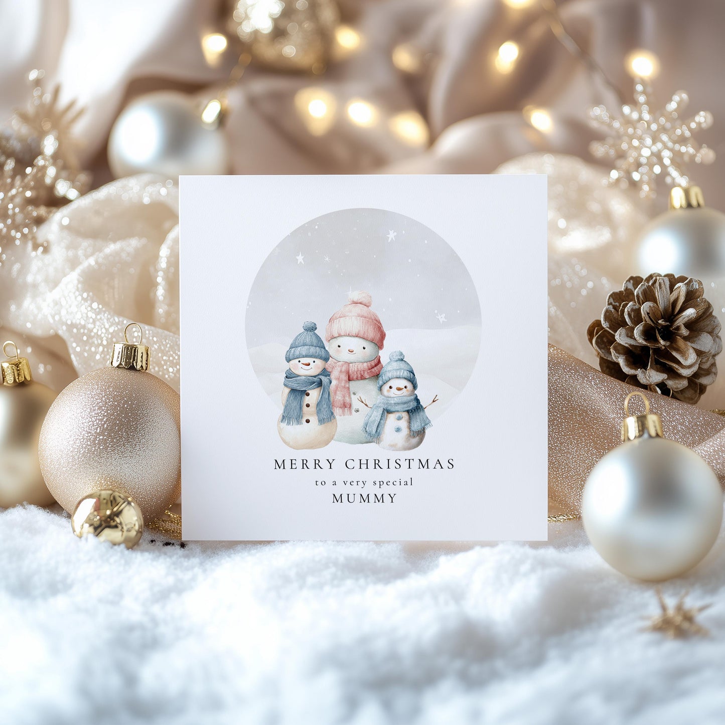 Christmas Card for Mummy from Sons, Personalised Snowman Family Card, Cute Winter Scene, Custom Name Card for Mum