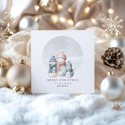 Christmas Card for Mummy from Sons, Personalised Snowman Family Card, Cute Winter Scene, Custom Name Card for Mum