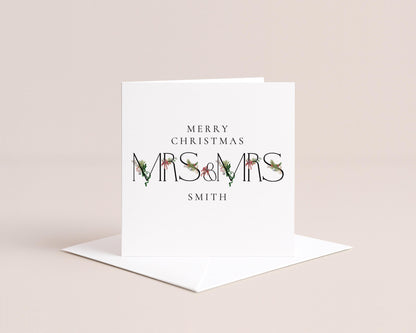 Personalised Mrs and Mrs Christmas Card, Newlywed Christmas Card First Christmas Married Card, Same Sex Couple Card Custom Surname Xmas Card