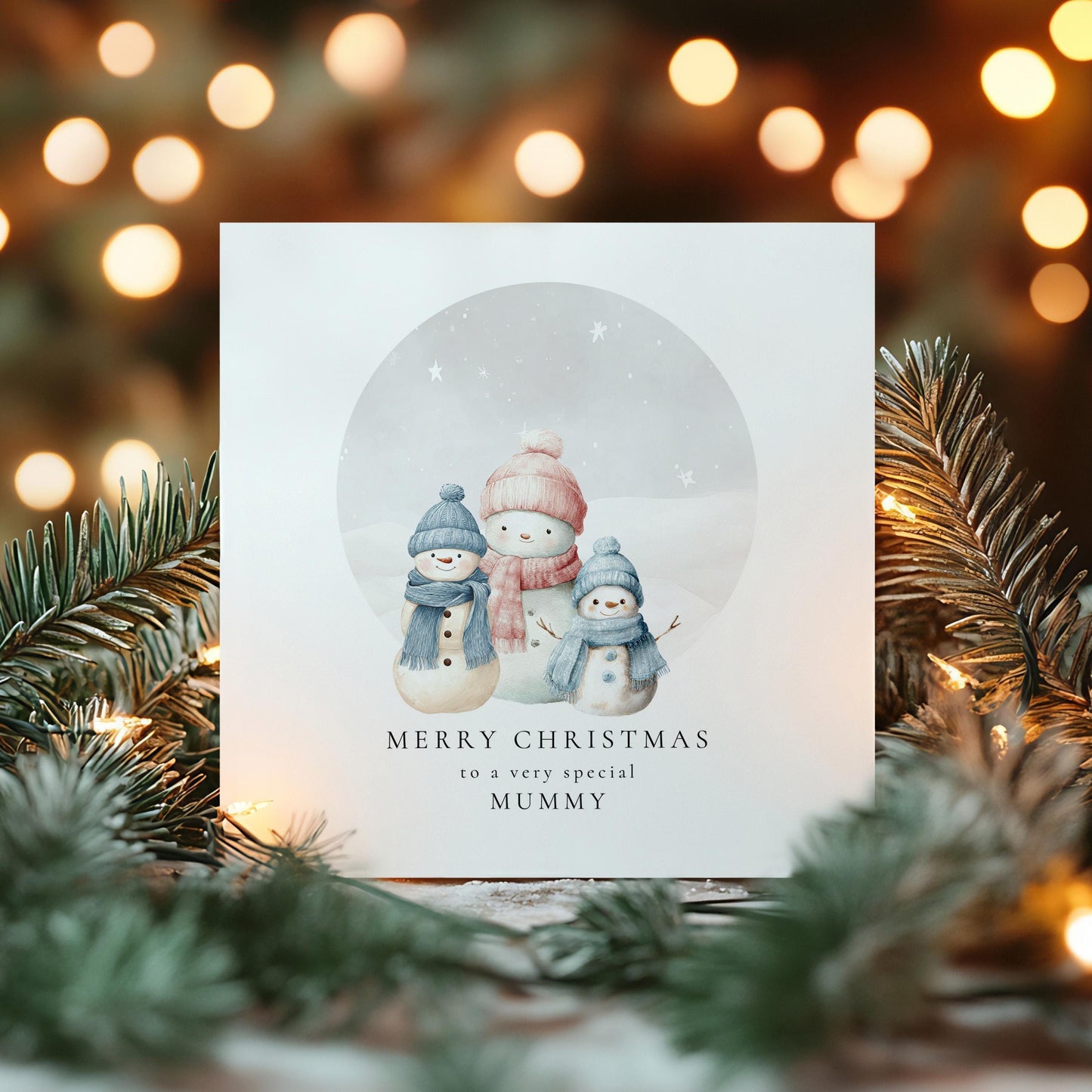 Christmas Card for Mummy from Sons, Personalised Snowman Family Card, Cute Winter Scene, Custom Name Card for Mum