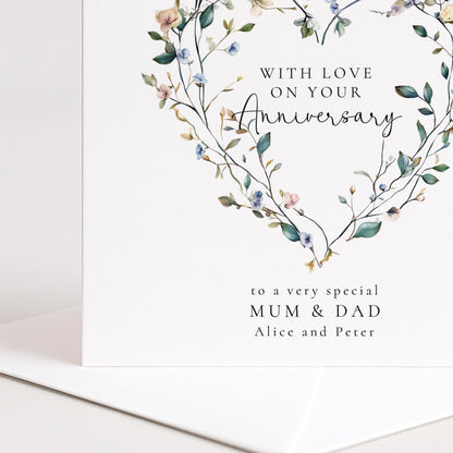 Anniversary Card for Mum and Dad, Personalised Anniversary Card, Floral Heart Anniversary Card