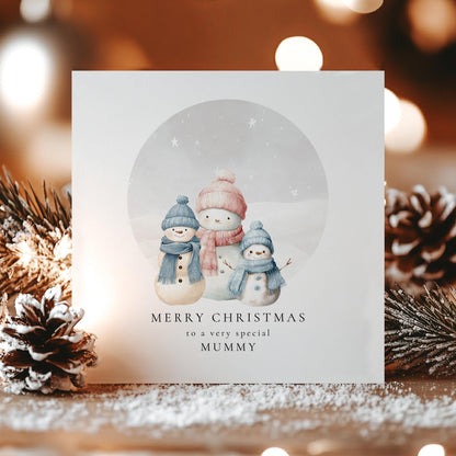 Christmas Card for Mummy from Sons, Personalised Snowman Family Card, Cute Winter Scene, Custom Name Card for Mum