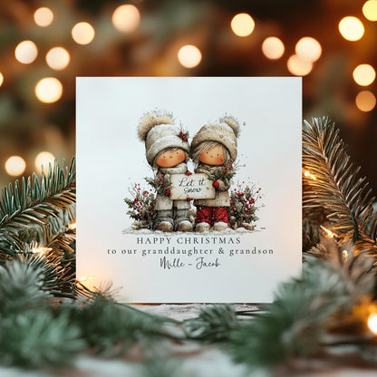 Let It Snow Christmas Card for Granddaughter and Grandson, Cute Winter Design, Personalised Grandkids Xmas Card, Happy Christmas Card