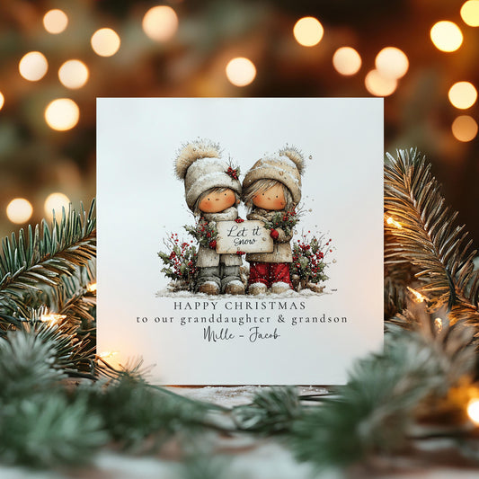 Let It Snow Christmas Card for Granddaughter and Grandson, Cute Winter Design, Personalised Grandkids Xmas Card, Happy Christmas Card