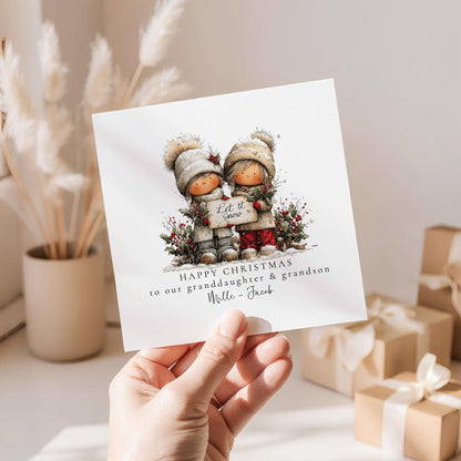 Let It Snow Christmas Card for Granddaughter and Grandson, Cute Winter Design, Personalised Grandkids Xmas Card, Happy Christmas Card