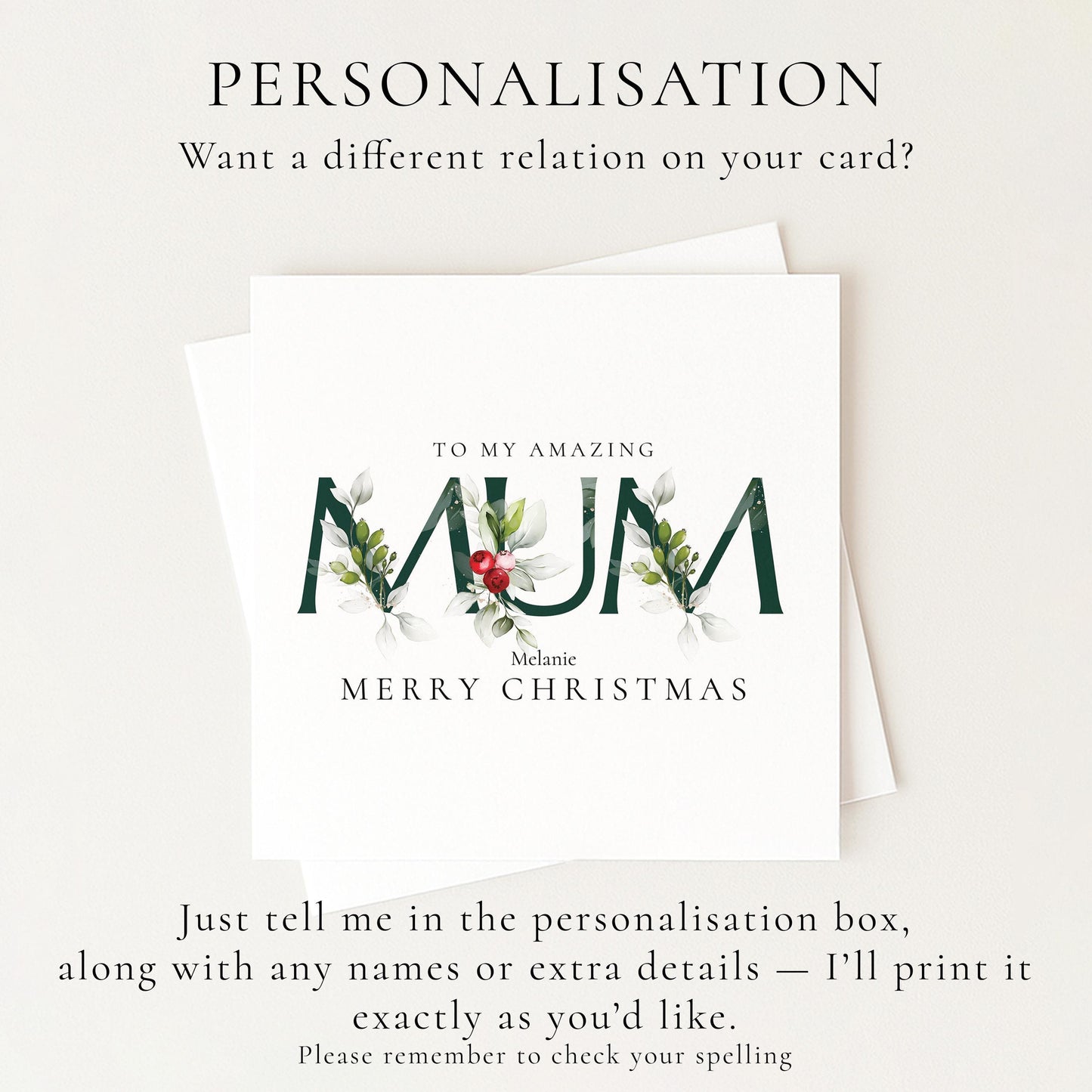 Christmas Card for Mum, Personalised Xmas Card from Daughter or Son, Elegant Floral Mum Card, Custom Christmas Card for Mother