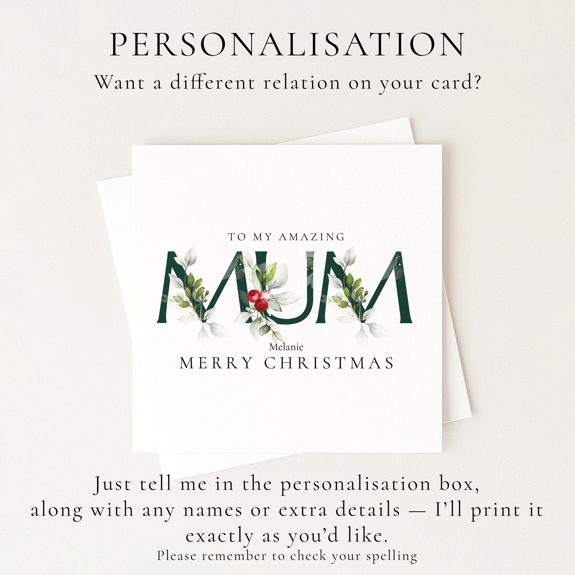 Christmas Card for Mum, Personalised Xmas Card from Daughter or Son, Elegant Floral Mum Card, Custom Christmas Card for Mother