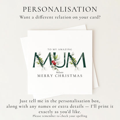 Christmas Card for Mum, Personalised Xmas Card from Daughter or Son, Elegant Floral Mum Card, Custom Christmas Card for Mother