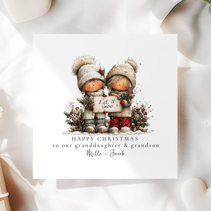 Let It Snow Christmas Card for Granddaughter and Grandson, Cute Winter Design, Personalised Grandkids Xmas Card, Happy Christmas Card