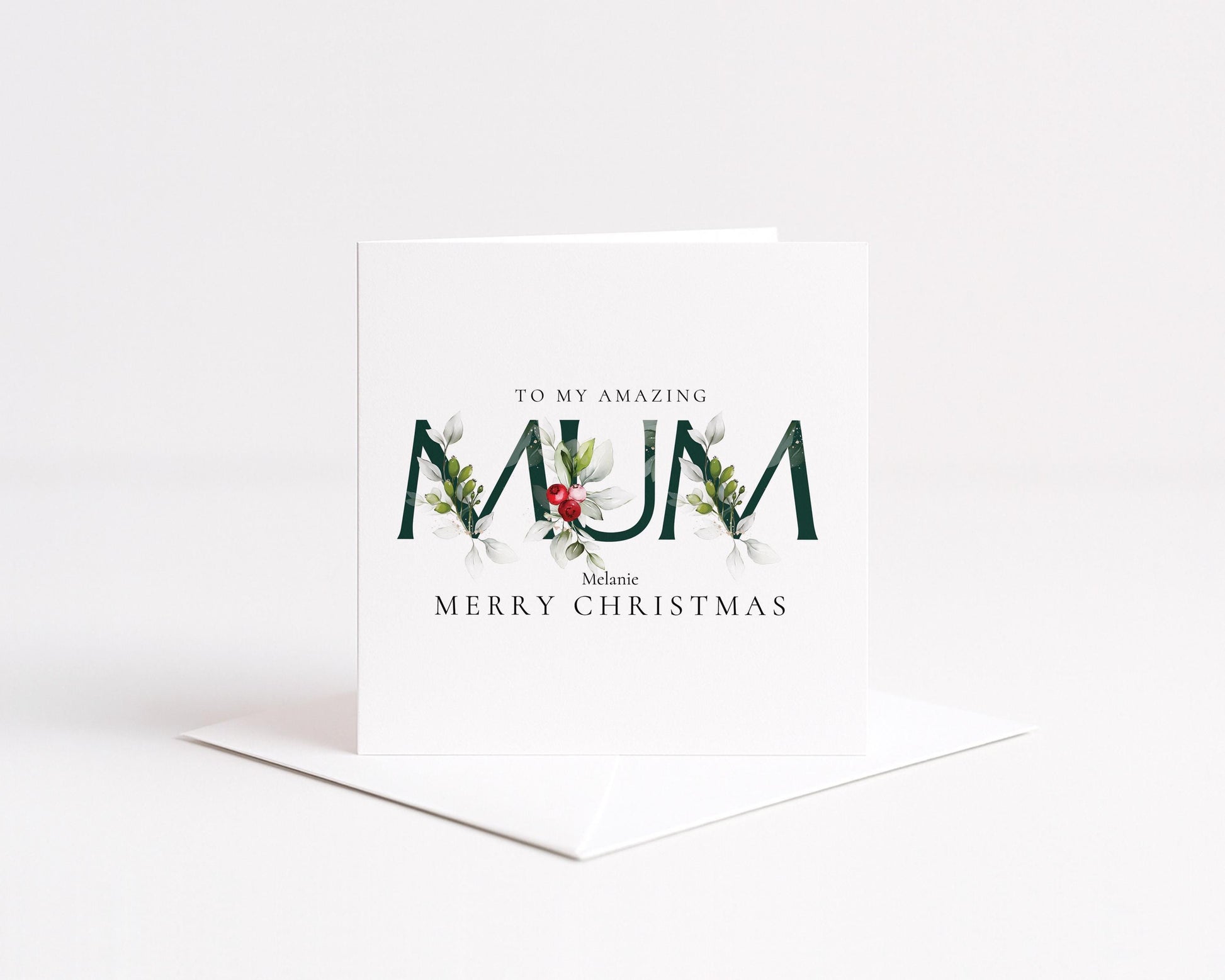 Christmas Card for Mum, Personalised Xmas Card from Daughter or Son, Elegant Floral Mum Card, Custom Christmas Card for Mother