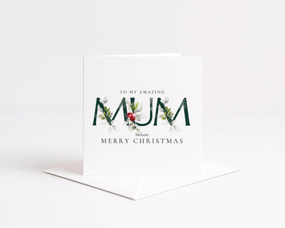 Christmas Card for Mum, Personalised Xmas Card from Daughter or Son, Elegant Floral Mum Card, Custom Christmas Card for Mother
