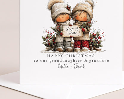 Let It Snow Christmas Card for Granddaughter and Grandson, Cute Winter Design, Personalised Grandkids Xmas Card, Happy Christmas Card