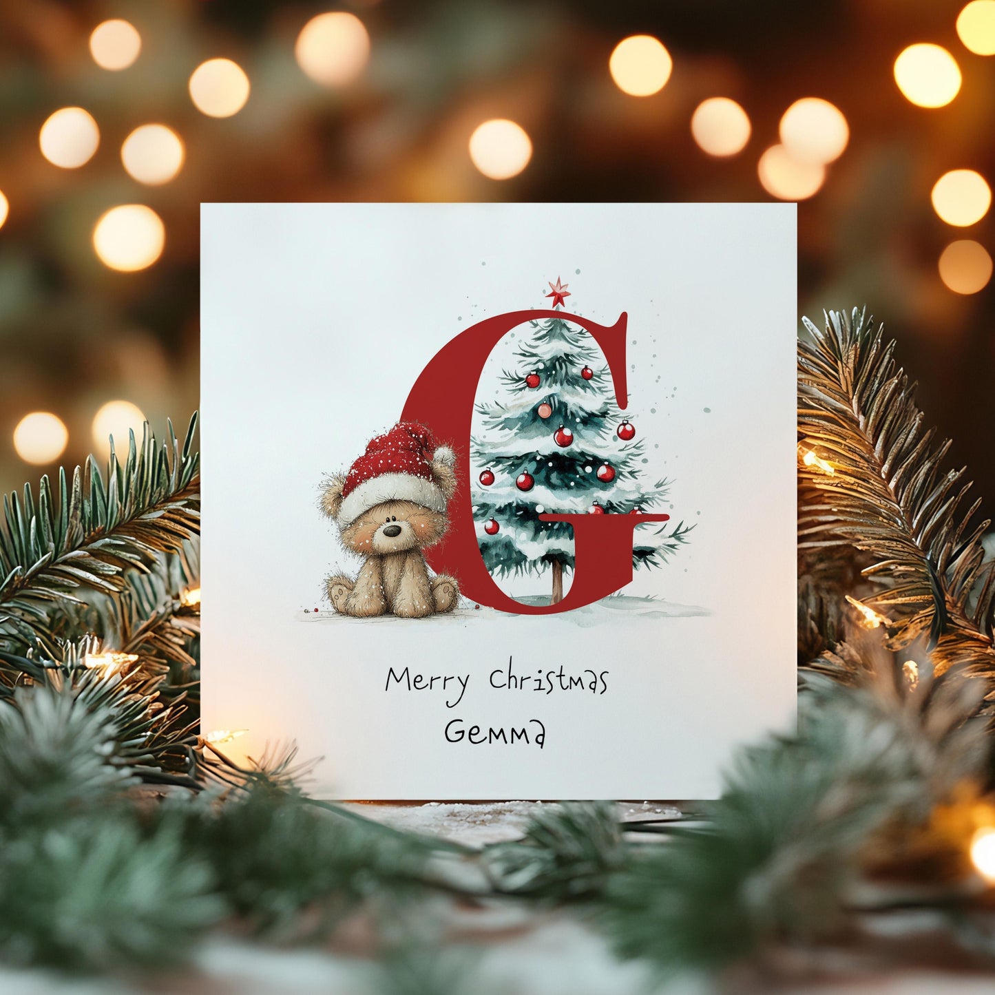 Initial G Christmas Card, Personalised Name Xmas Card, Cute Bear Christmas Card for Kids, Grandchild