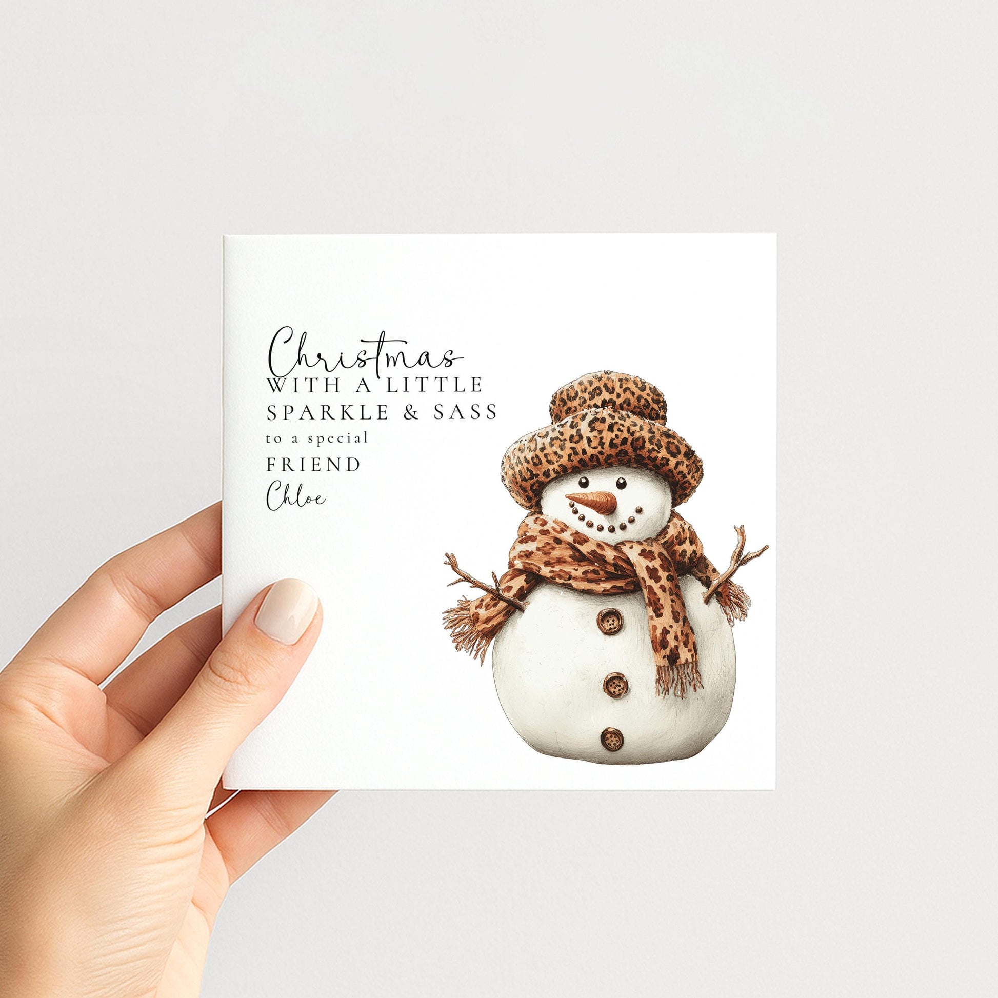 Personalised Leopard Print Snowman Christmas Card, Sparkle & Sass Xmas Card, Custom Name Friend Christmas Card, Funny Festive Card