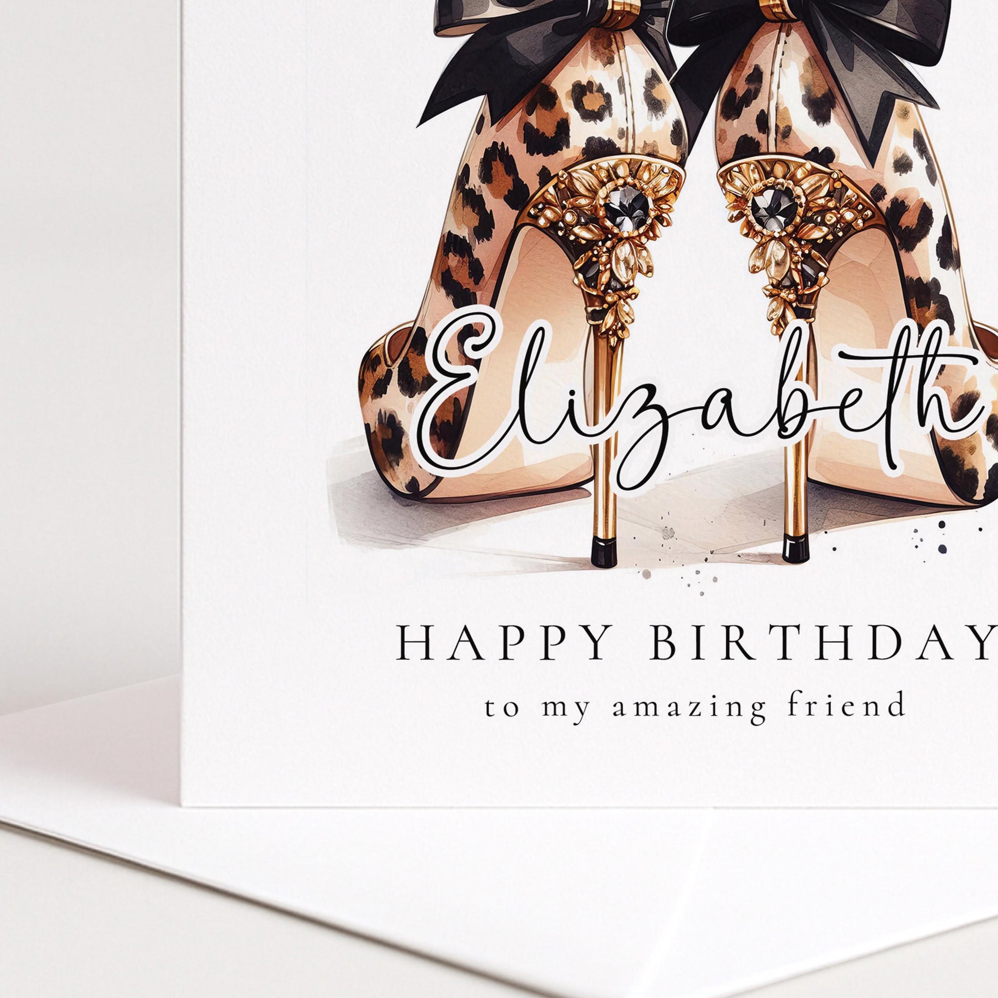 Leopard Print Birthday Card for Friend, Personalised Name Birthday Card, Chic High Heel Shoes Birthday Card