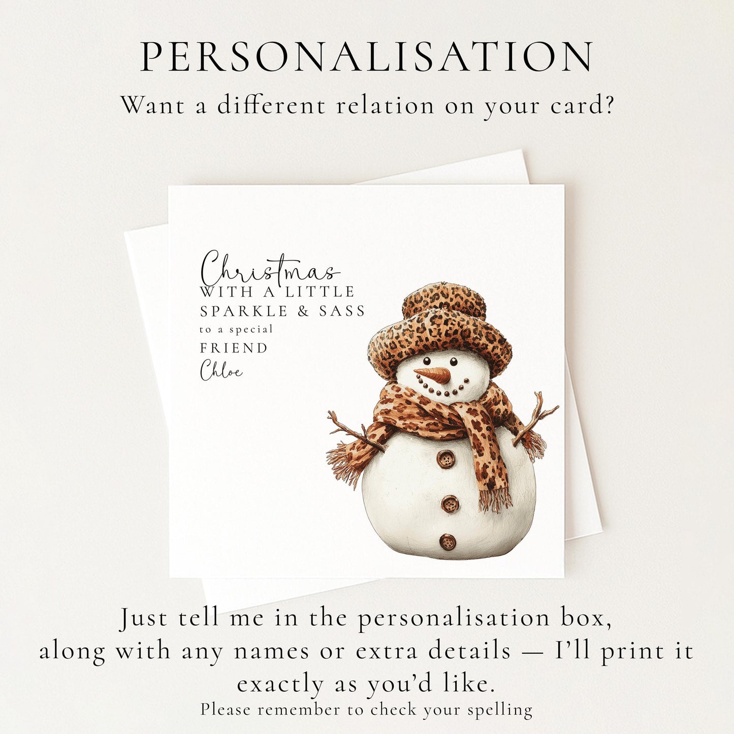 Personalised Leopard Print Snowman Christmas Card, Sparkle & Sass Xmas Card, Custom Name Friend Christmas Card, Funny Festive Card