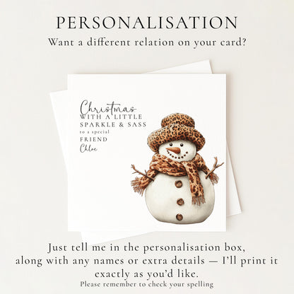 Personalised Leopard Print Snowman Christmas Card, Sparkle & Sass Xmas Card, Custom Name Friend Christmas Card, Funny Festive Card