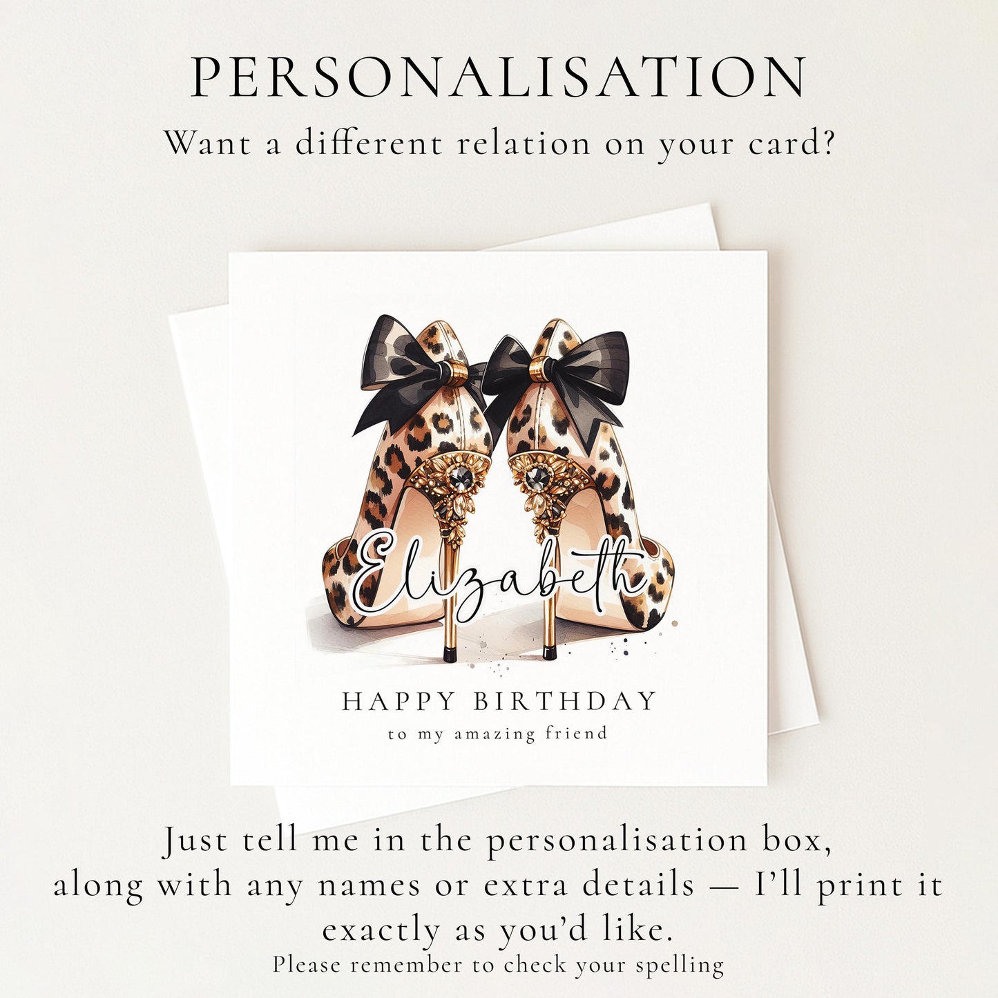 Leopard Print Birthday Card for Friend, Personalised Name Birthday Card, Chic High Heel Shoes Birthday Card