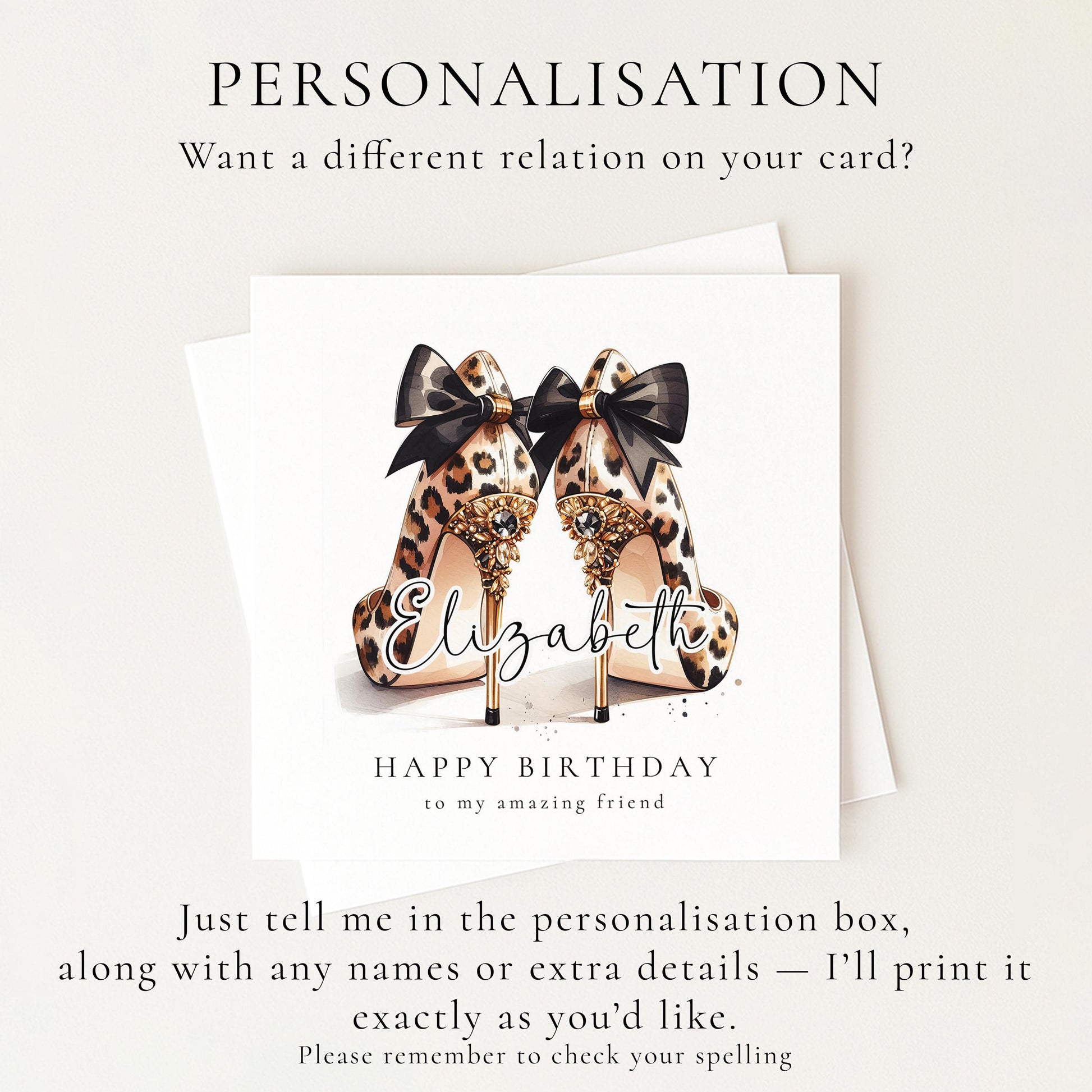 Leopard Print Birthday Card for Friend, Personalised Name Birthday Card, Chic High Heel Shoes Birthday Card