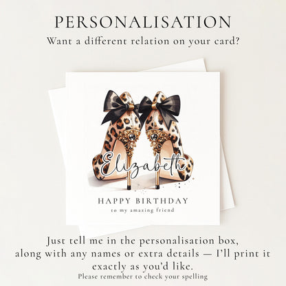 Leopard Print Birthday Card for Friend, Personalised Name Birthday Card, Chic High Heel Shoes Birthday Card