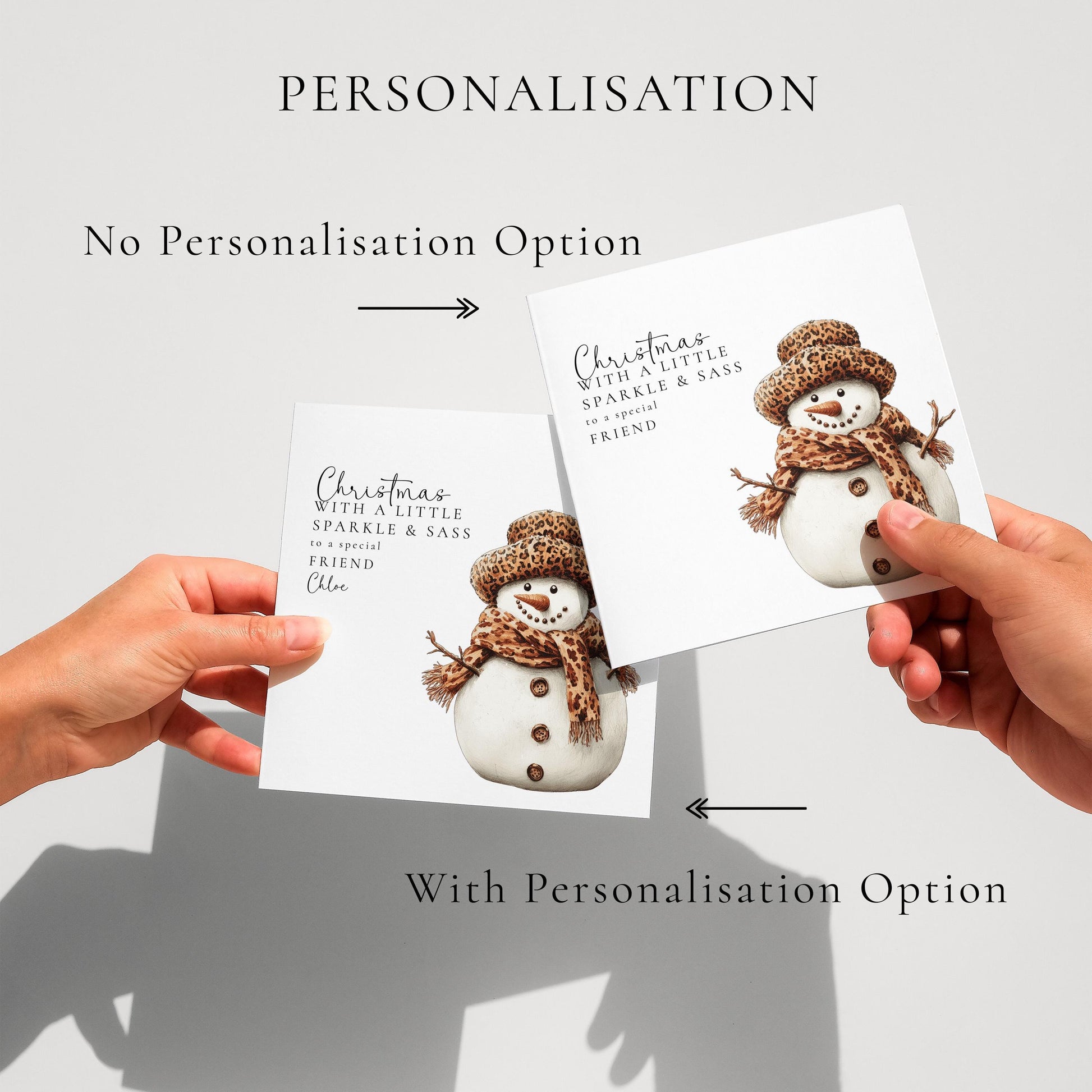 Personalised Leopard Print Snowman Christmas Card, Sparkle & Sass Xmas Card, Custom Name Friend Christmas Card, Funny Festive Card