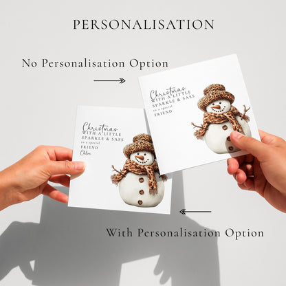 Personalised Leopard Print Snowman Christmas Card, Sparkle & Sass Xmas Card, Custom Name Friend Christmas Card, Funny Festive Card