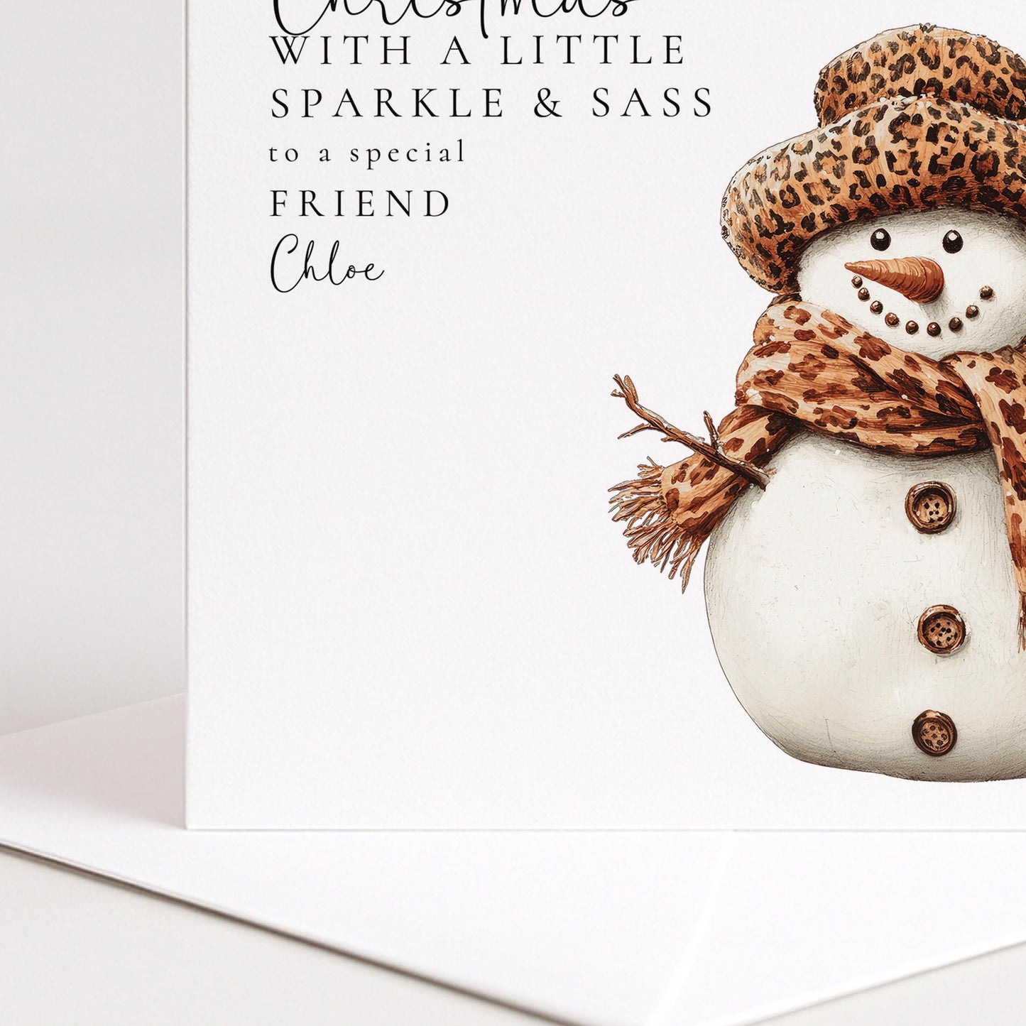 Personalised Leopard Print Snowman Christmas Card, Sparkle & Sass Xmas Card, Custom Name Friend Christmas Card, Funny Festive Card