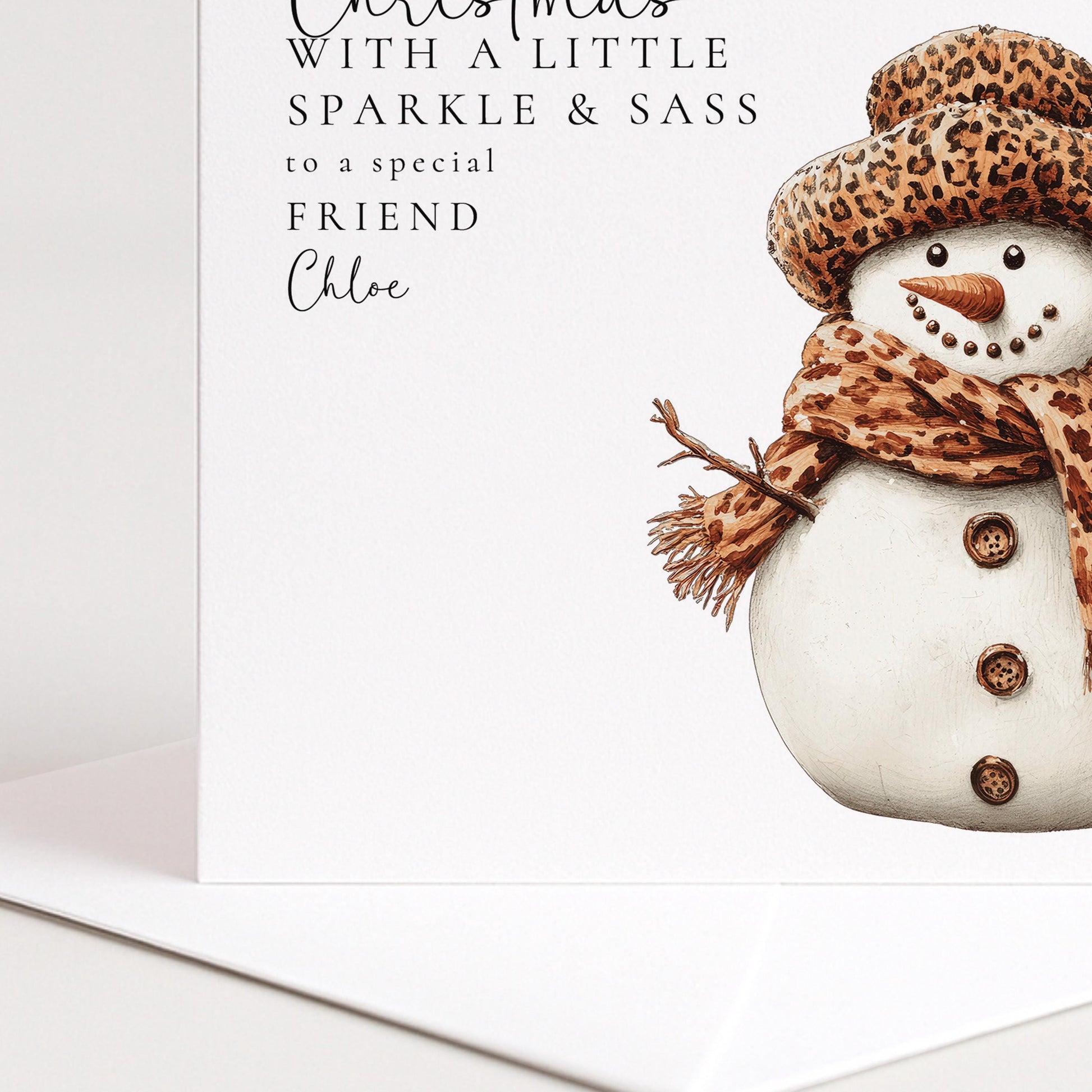 Personalised Leopard Print Snowman Christmas Card, Sparkle & Sass Xmas Card, Custom Name Friend Christmas Card, Funny Festive Card