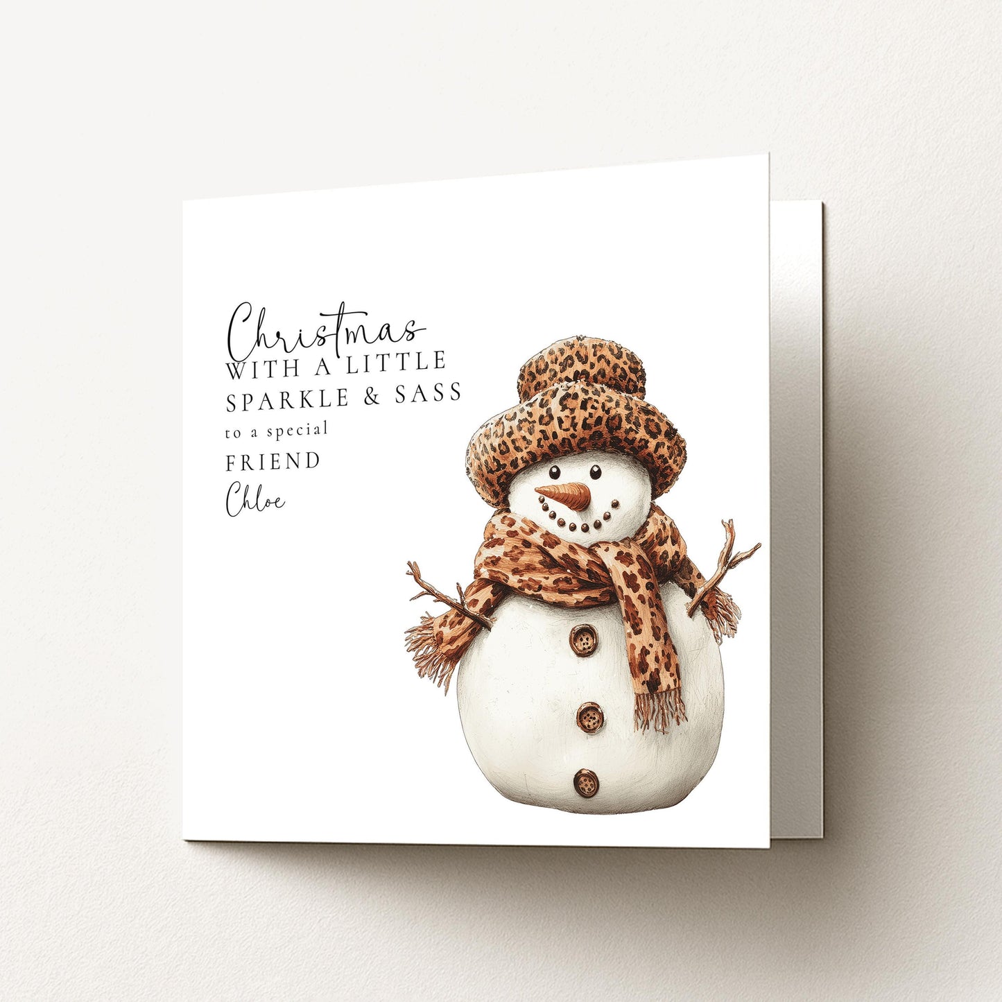 Personalised Leopard Print Snowman Christmas Card, Sparkle & Sass Xmas Card, Custom Name Friend Christmas Card, Funny Festive Card