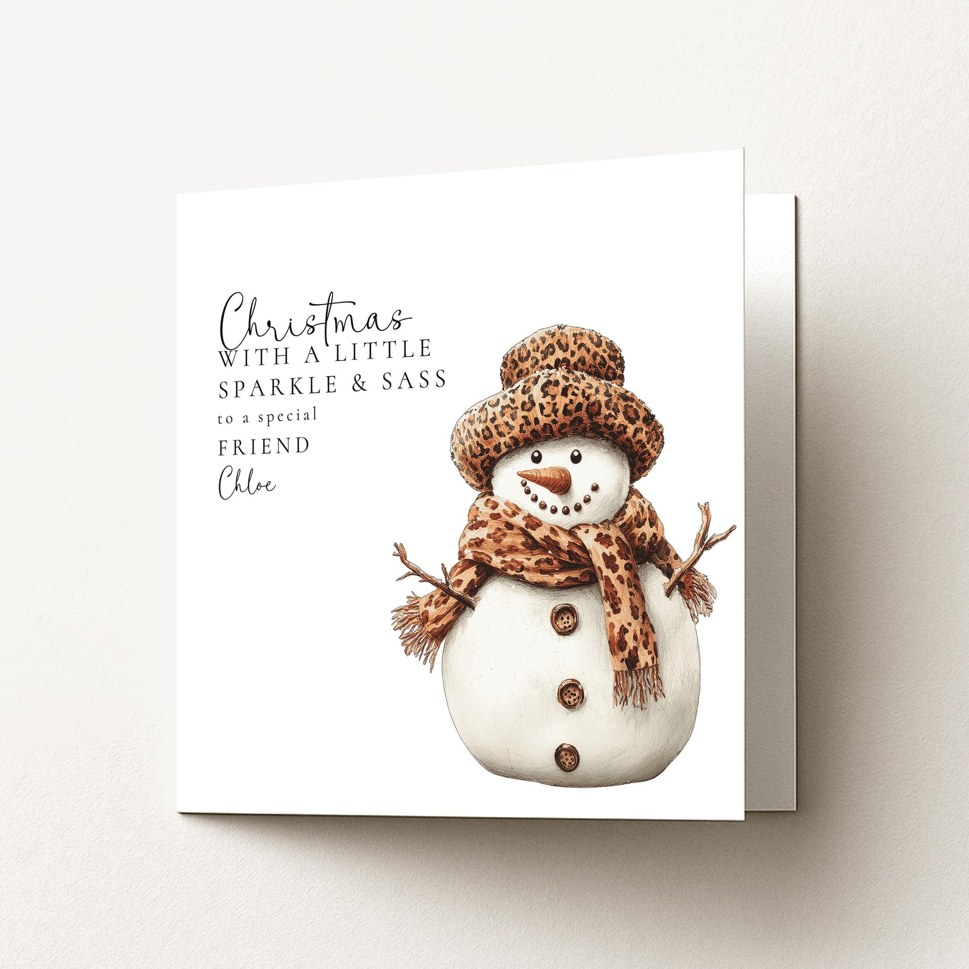 Personalised Leopard Print Snowman Christmas Card, Sparkle & Sass Xmas Card, Custom Name Friend Christmas Card, Funny Festive Card
