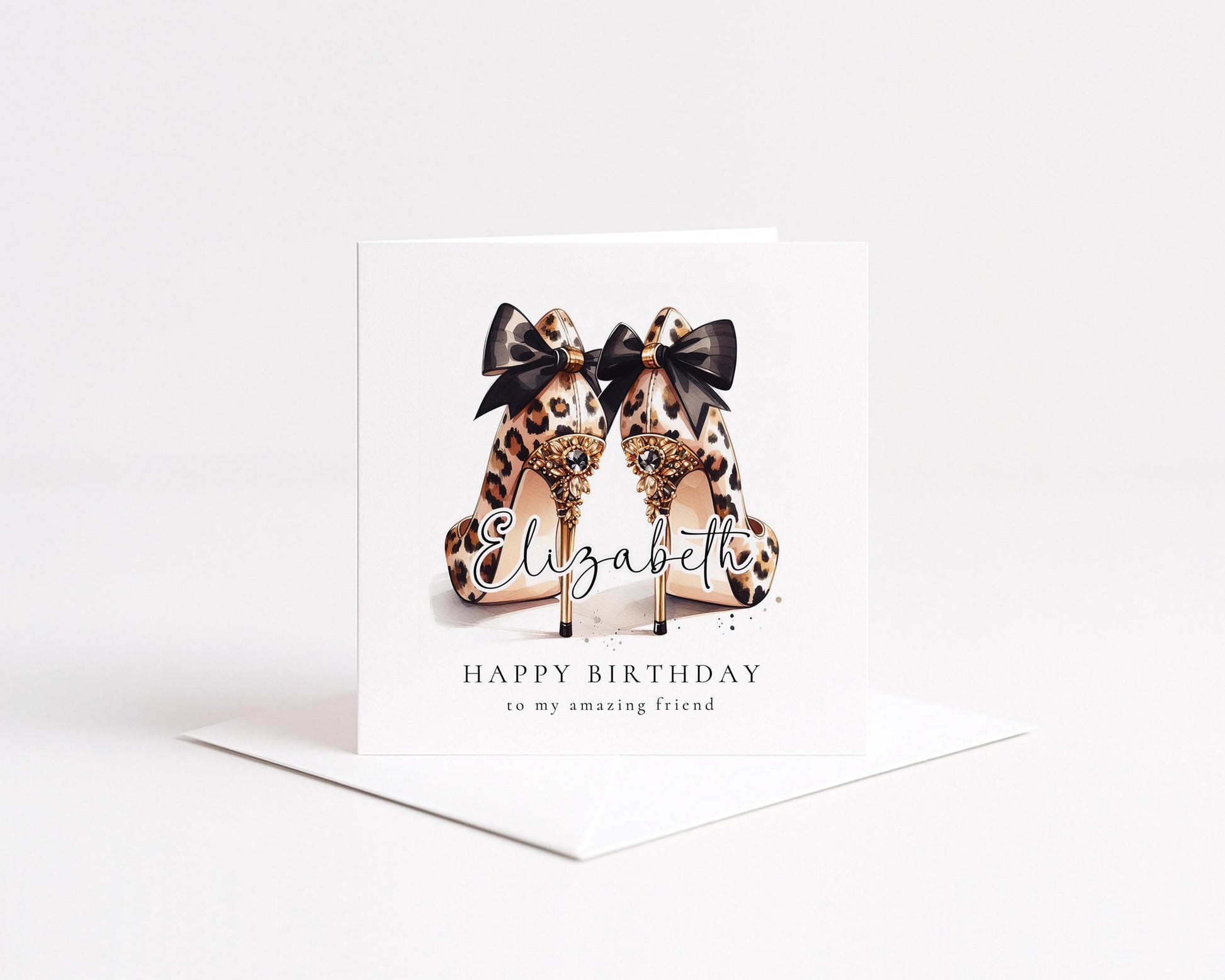 Leopard Print Birthday Card for Friend, Personalised Name Birthday Card, Chic High Heel Shoes Birthday Card