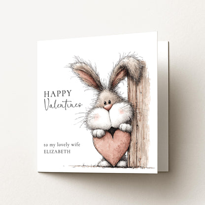 Valentines Card for Wife, Cute Bunny Valentine Card, Personalised Wife Valentine’s Day Card, Bunny Holding Heart, Printed Card