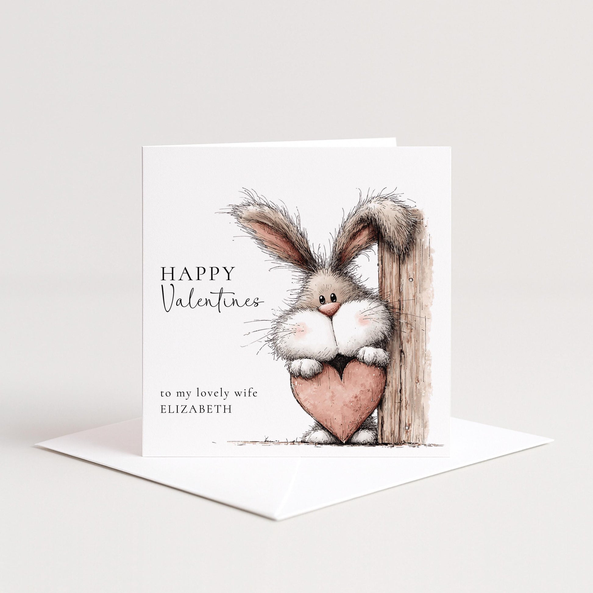 Valentines Card for Wife, Cute Bunny Valentine Card, Personalised Wife Valentine’s Day Card, Bunny Holding Heart, Printed Card