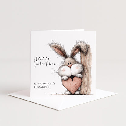 Valentines Card for Wife, Cute Bunny Valentine Card, Personalised Wife Valentine’s Day Card, Bunny Holding Heart, Printed Card