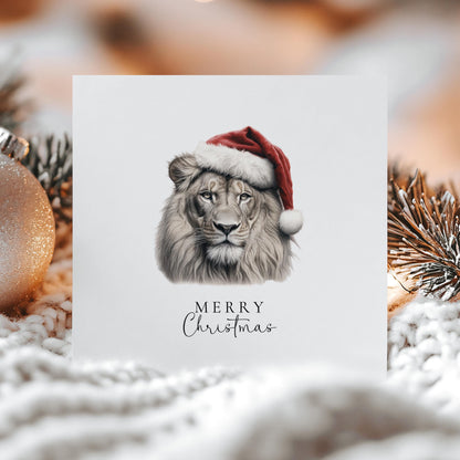 Merry Christmas Lion Card, Wild Animal in Santa Hat, Wildlife Christmas Card, Festive Animal Greeting Card, Unique Nature Christmas Card