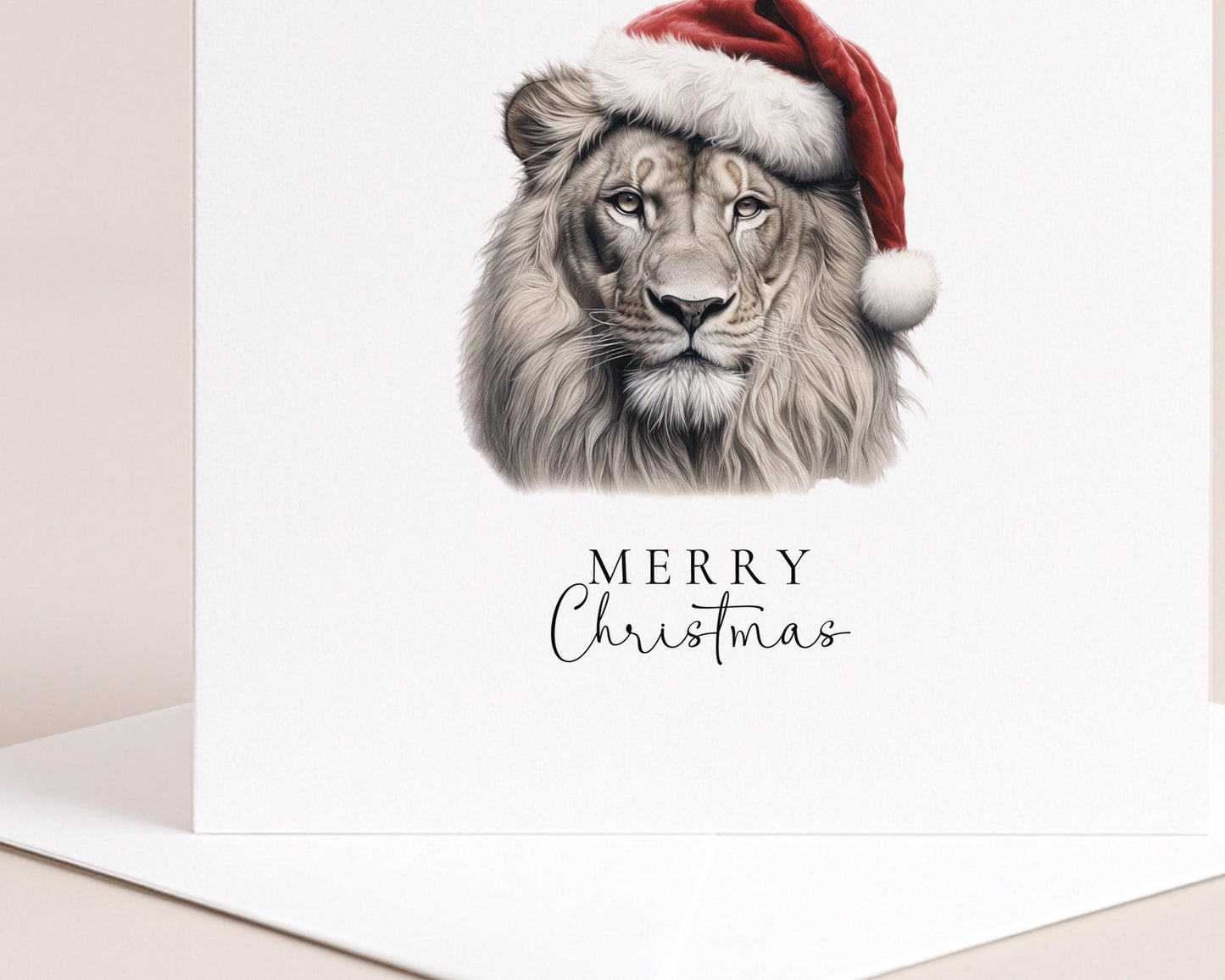Merry Christmas Lion Card, Wild Animal in Santa Hat, Wildlife Christmas Card, Festive Animal Greeting Card, Unique Nature Christmas Card