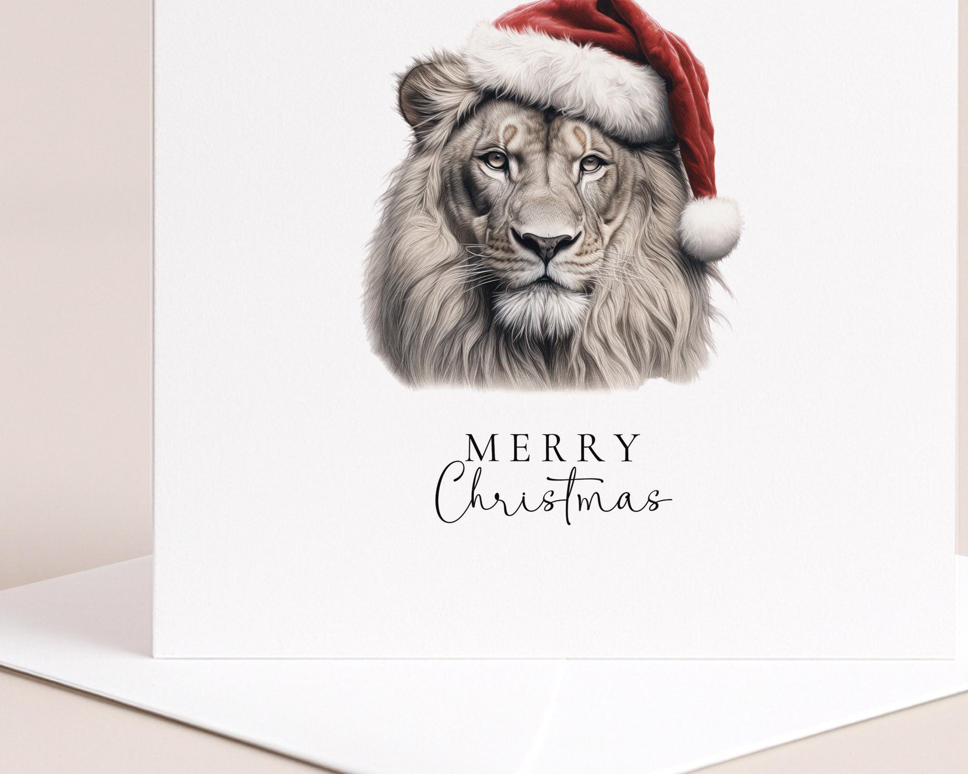Merry Christmas Lion Card, Wild Animal in Santa Hat, Wildlife Christmas Card, Festive Animal Greeting Card, Unique Nature Christmas Card