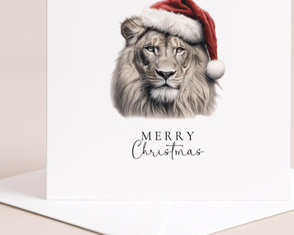 Merry Christmas Lion Card, Wild Animal in Santa Hat, Wildlife Christmas Card, Festive Animal Greeting Card, Unique Nature Christmas Card