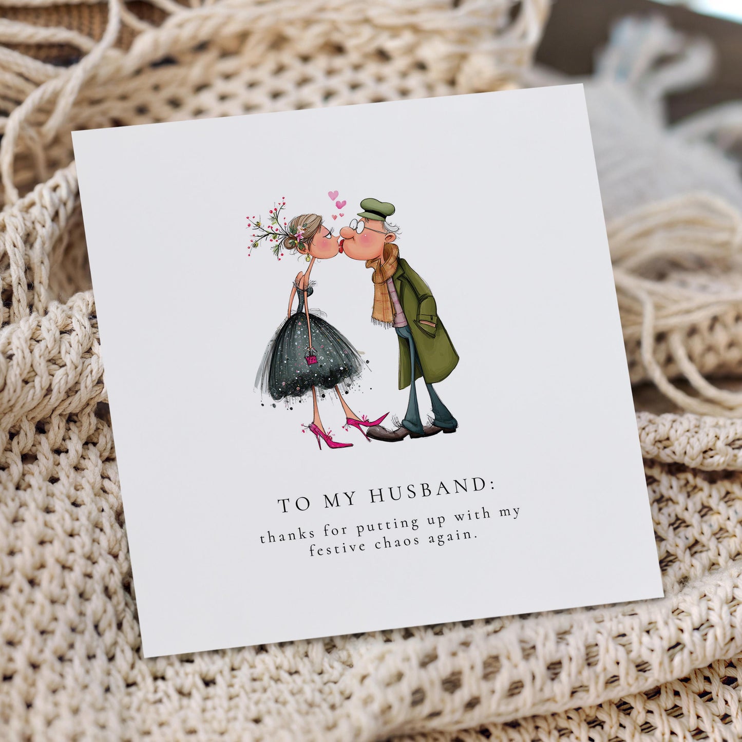 Funny Christmas Card for Husband, Festive Chaos Joke, Cute Couple Illustration, Humorous Xmas Card for Him, Romantic but Funny Husband Card