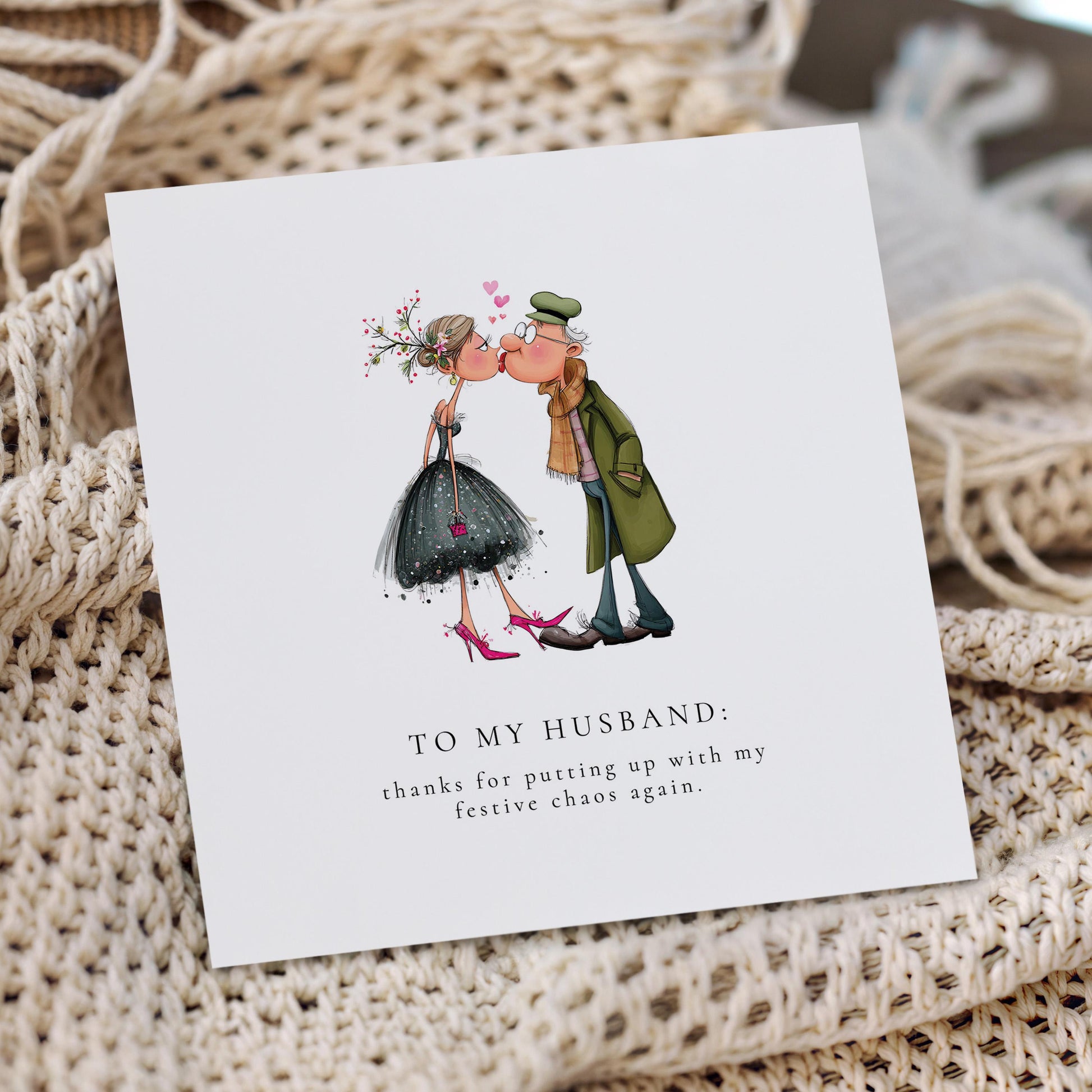 Funny Christmas Card for Husband, Festive Chaos Joke, Cute Couple Illustration, Humorous Xmas Card for Him, Romantic but Funny Husband Card