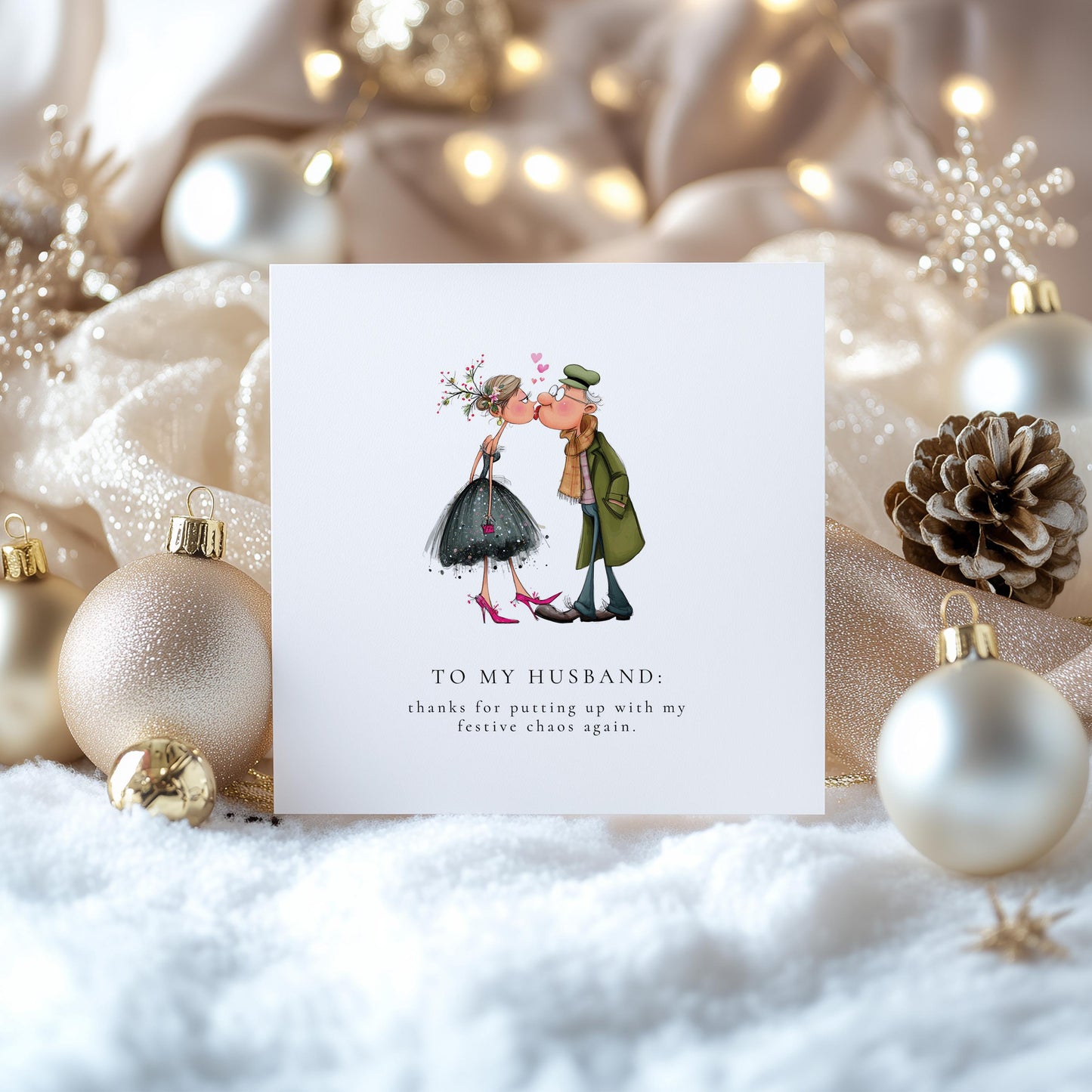 Funny Christmas Card for Husband, Festive Chaos Joke, Cute Couple Illustration, Humorous Xmas Card for Him, Romantic but Funny Husband Card