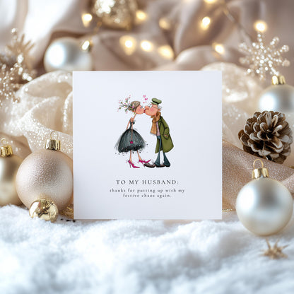 Funny Christmas Card for Husband, Festive Chaos Joke, Cute Couple Illustration, Humorous Xmas Card for Him, Romantic but Funny Husband Card