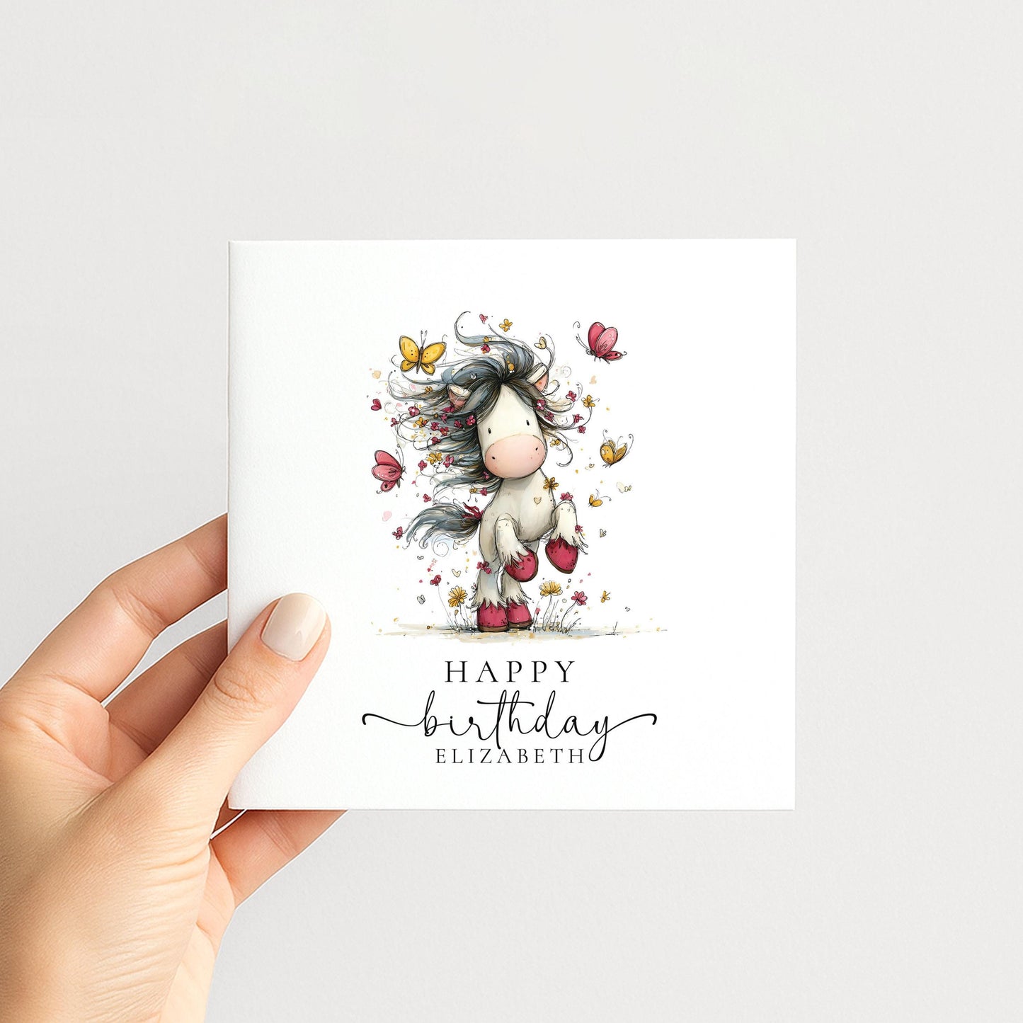 Cute Pony Birthday Card Personalised, Horse Birthday Card for Girls, Butterfly Pony Card, Custom Name Card for Daughter, Granddaughter