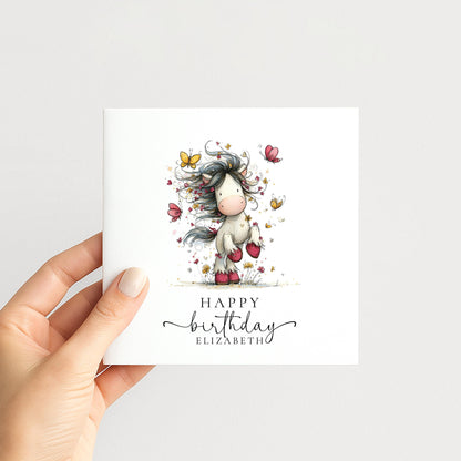 Cute Pony Birthday Card Personalised, Horse Birthday Card for Girls, Butterfly Pony Card, Custom Name Card for Daughter, Granddaughter