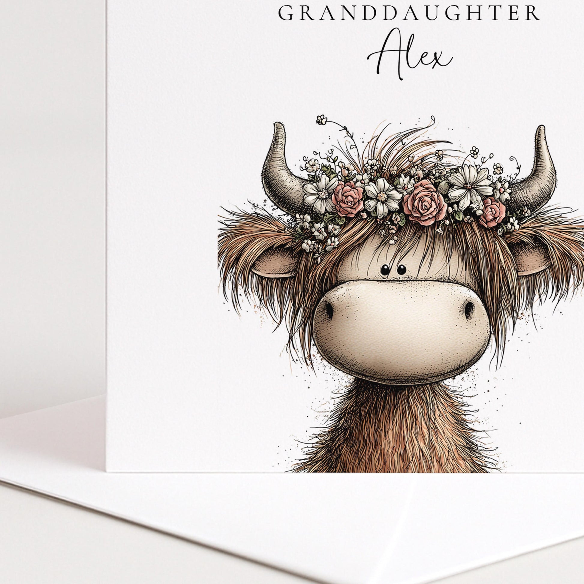 Granddaughter Birthday Card, Cute Highland Cow Card, Personalised Granddaughter Card, Floral Cow Card, Printed Children’s Birthday Card